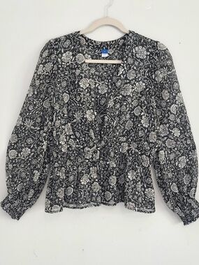 Old Navy Black White Floral Sheer Vneck Blouse Large